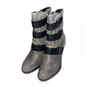Sorel After Hours Gray Leather Wedge Ankle Boots